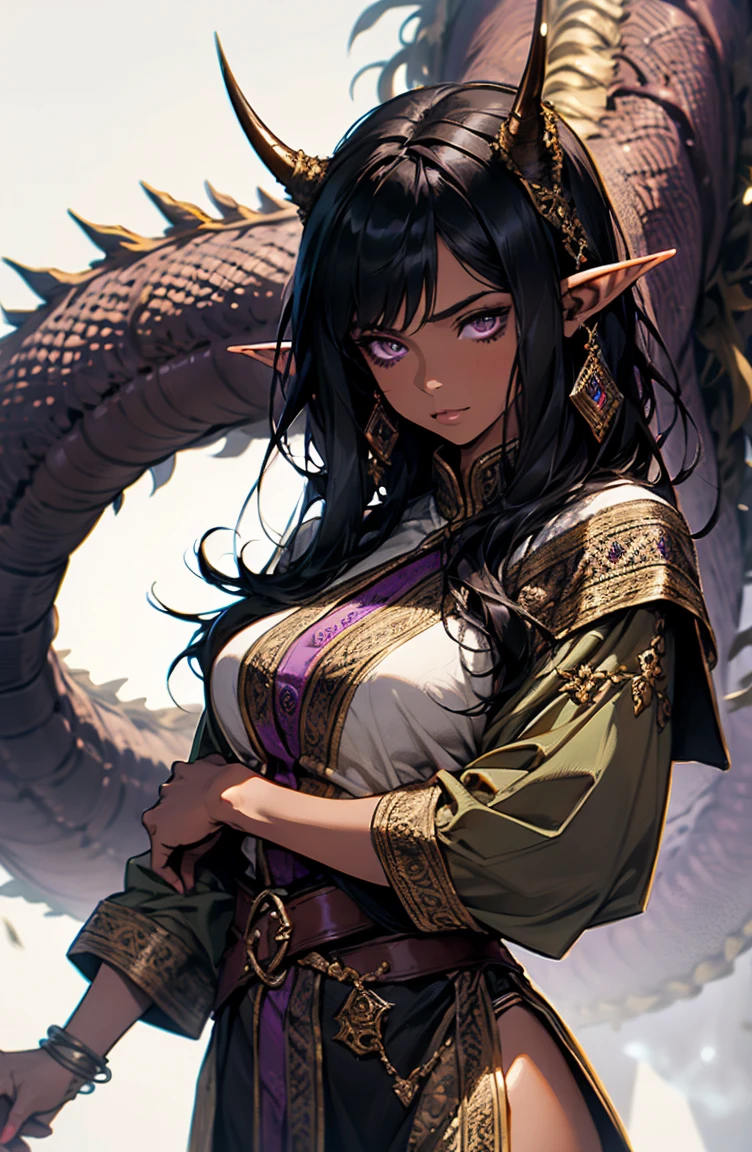 brown skin, older woman, sexy, tall, brown skin, one dragon wing, black hair, elf, elf ears, horns, dark clothing, purple clothing