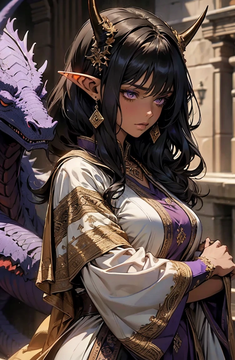 brown skin, older woman, sexy, tall, brown skin, one dragon wing, black hair, elf, elf ears, horns, dark clothing, purple clothing