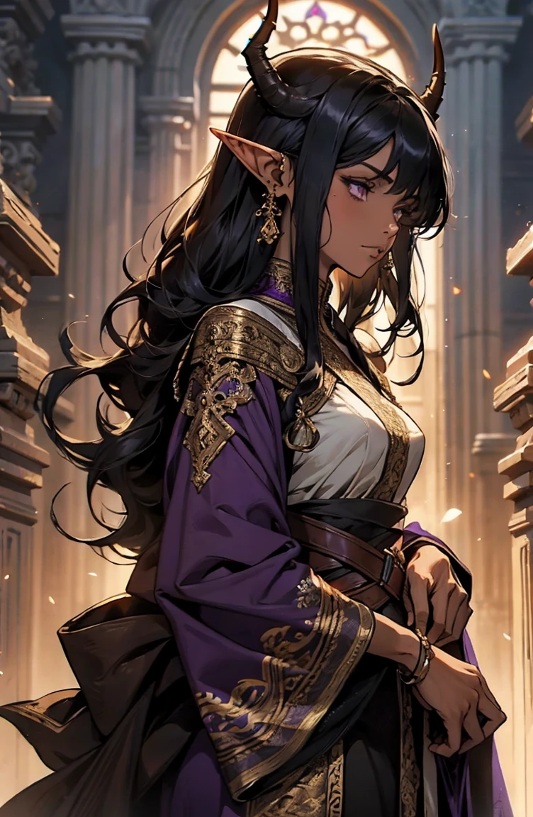 brown skin, older woman, sexy, tall, brown skin, one dragon wing, black hair, elf, elf ears, horns, dark clothing, purple clothing