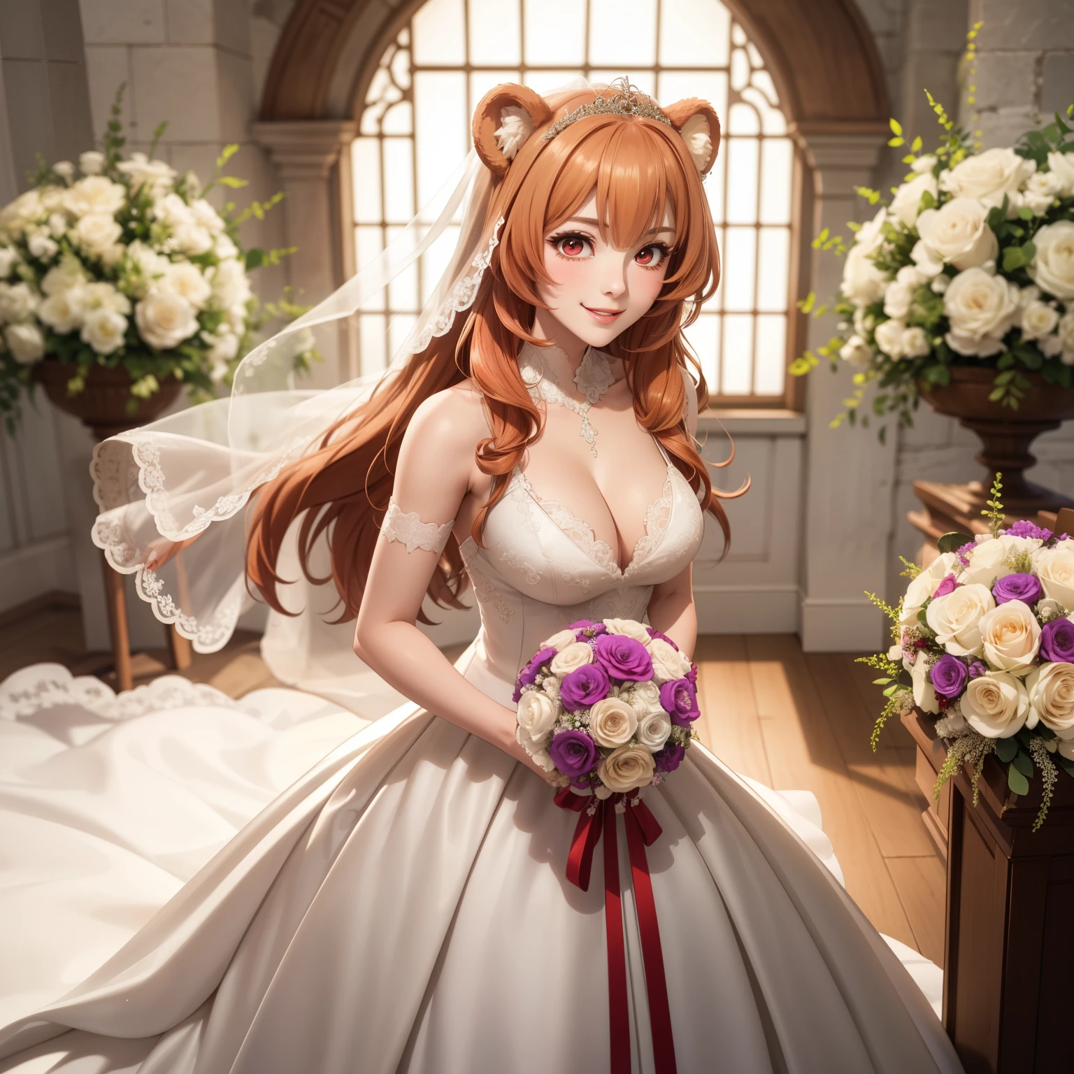 Raphtalia woman 35 years old floating straight orange hair , rounded bear ears, red eyes like ruby., flirtatious smile, pale skin, big breasts, usa un wedding dress hermoso, and elegant, with neckline. wedding dress,  background a marriage altar, flower petals falling. bouquet of flowers in her hands.