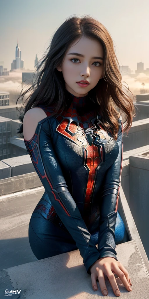 (1girl:1.3), Solo, (((Very detailed face)))), ((Very detailed eyes and face)))), Beautiful detail eyes, Body parts__, Official art, Unified 8k wallpaper, Super detailed, beautiful and beautiful, beautiful, masterpiece, best quality, original, masterpiece, super fine photo, best quality, super high resolution, realistic realism, sunlight, full body portrait, amazing beauty, dynamic pose, delicate face, vibrant eyes, (from the front), She wears Spider-Man suit, red and black color scheme, spider, very detailed city roof background, rooftop, overlooking the city, detailed face, detailed complex busy background, messy, gorgeous, milky white, highly detailed skin, realistic skin details, visible pores, clear focus, volumetric fog, 8k uhd, DSLR, high quality, film grain, fair skin, photo realism, lomography, futuristic dystopian megalopolis, translucent