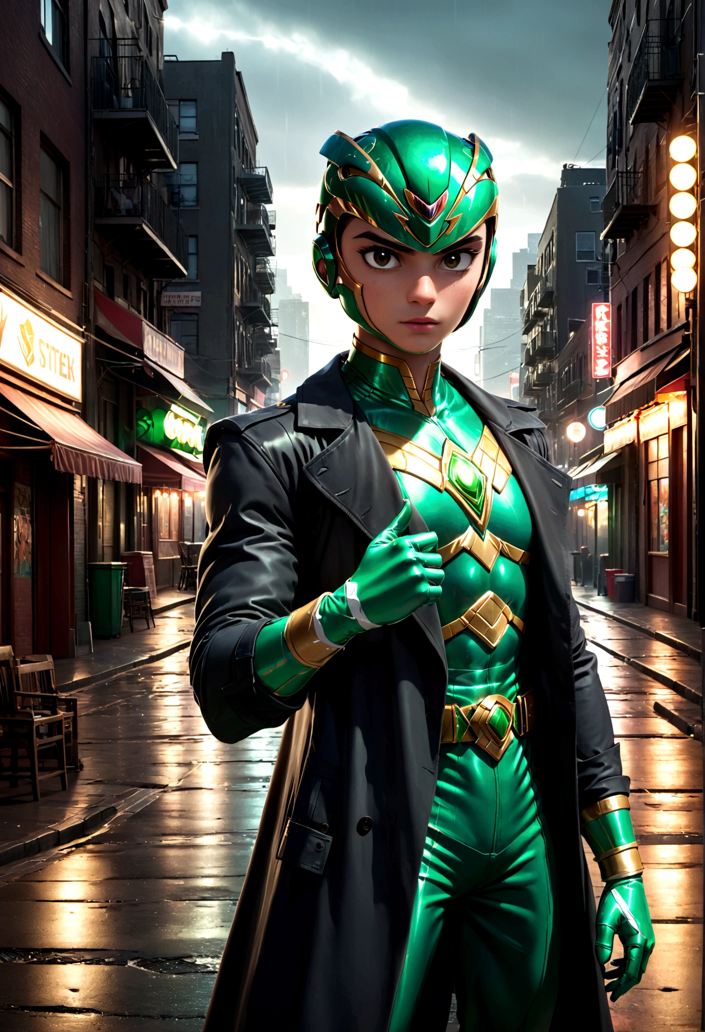 1girl,green power ranger,black trench coat,walking incognito,detailed costume,highly detailed,photorealistic,dynamic pose,dramatic lighting,cinematic composition,(best quality,8k,highres,masterpiece:1.2),ultra-detailed,(realistic,photorealistic,photo-realistic:1.37),dramatic lighting,cinematic composition,moody atmosphere,powerful energy
