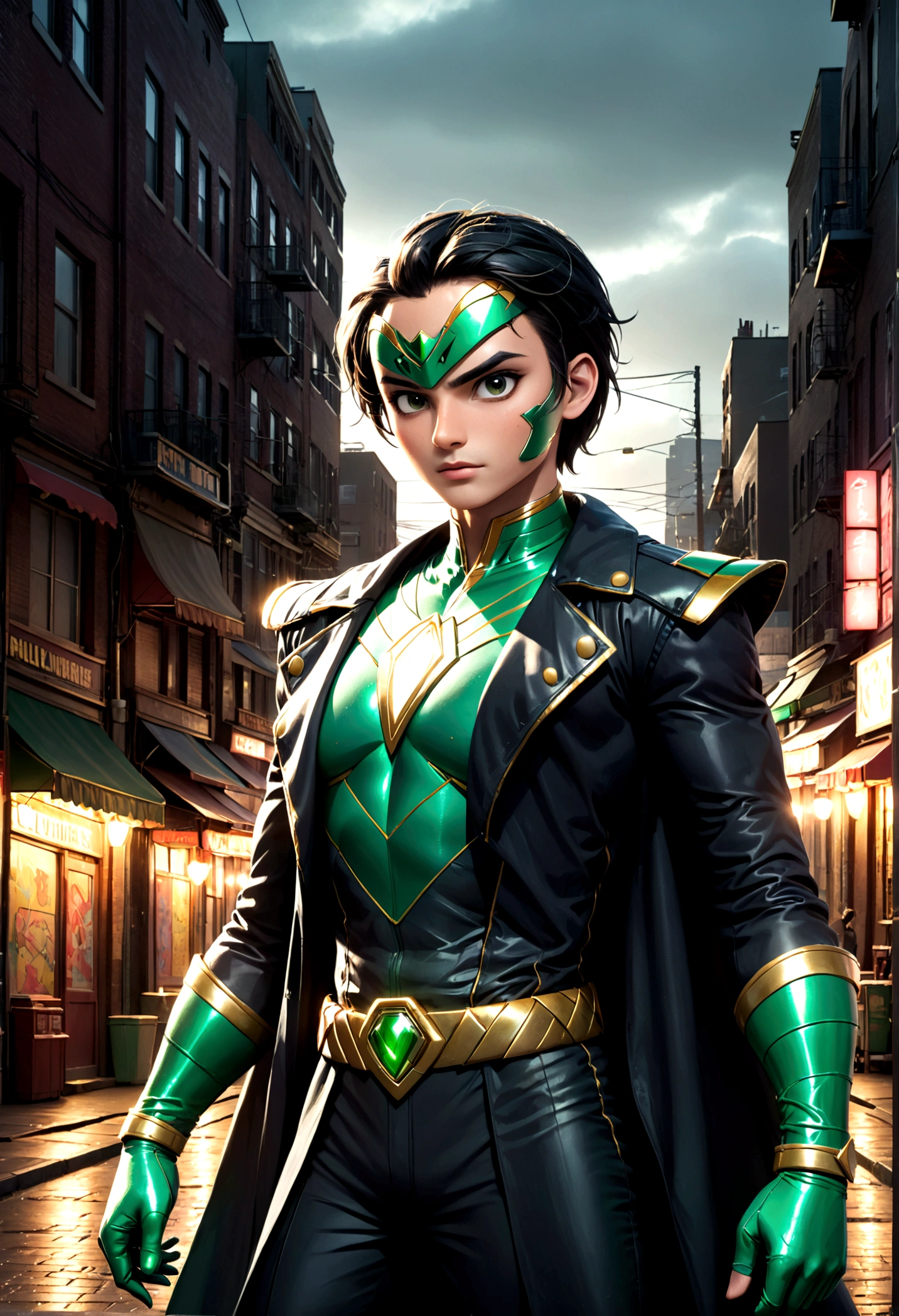 a green power ranger in a black trench coat, extremely detailed face and costume, photorealistic, ultra-detailed, 8k, best quality, masterpiece, cinematic dramatic lighting, heroic dynamic pose, detailed gritty urban city street background, moody atmosphere, hyper realistic, volumetric lighting, cinematic composition