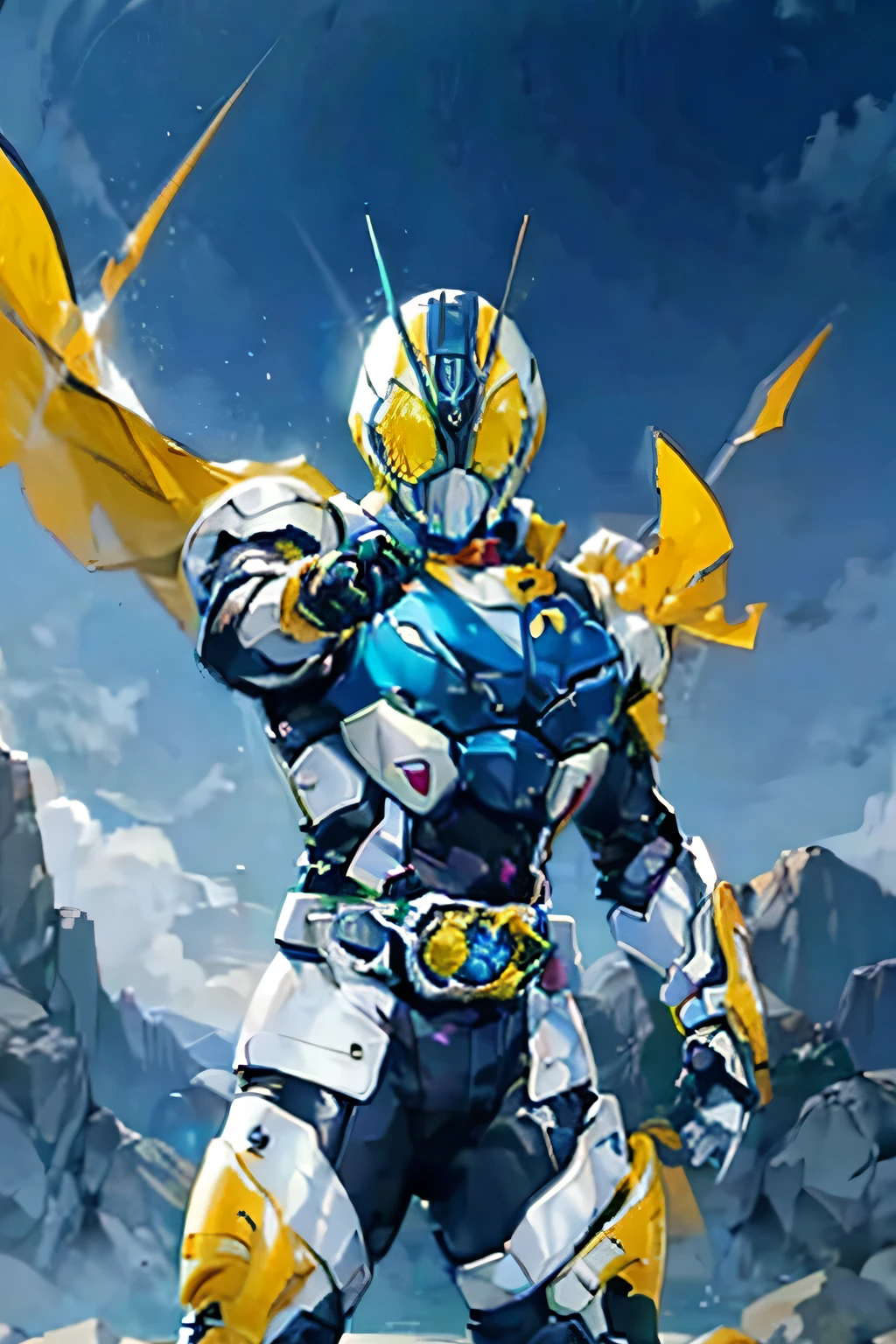 Kamen Rider, Tokusatsu, Capoeira Pose, Blue and Yellow armor, white scarf