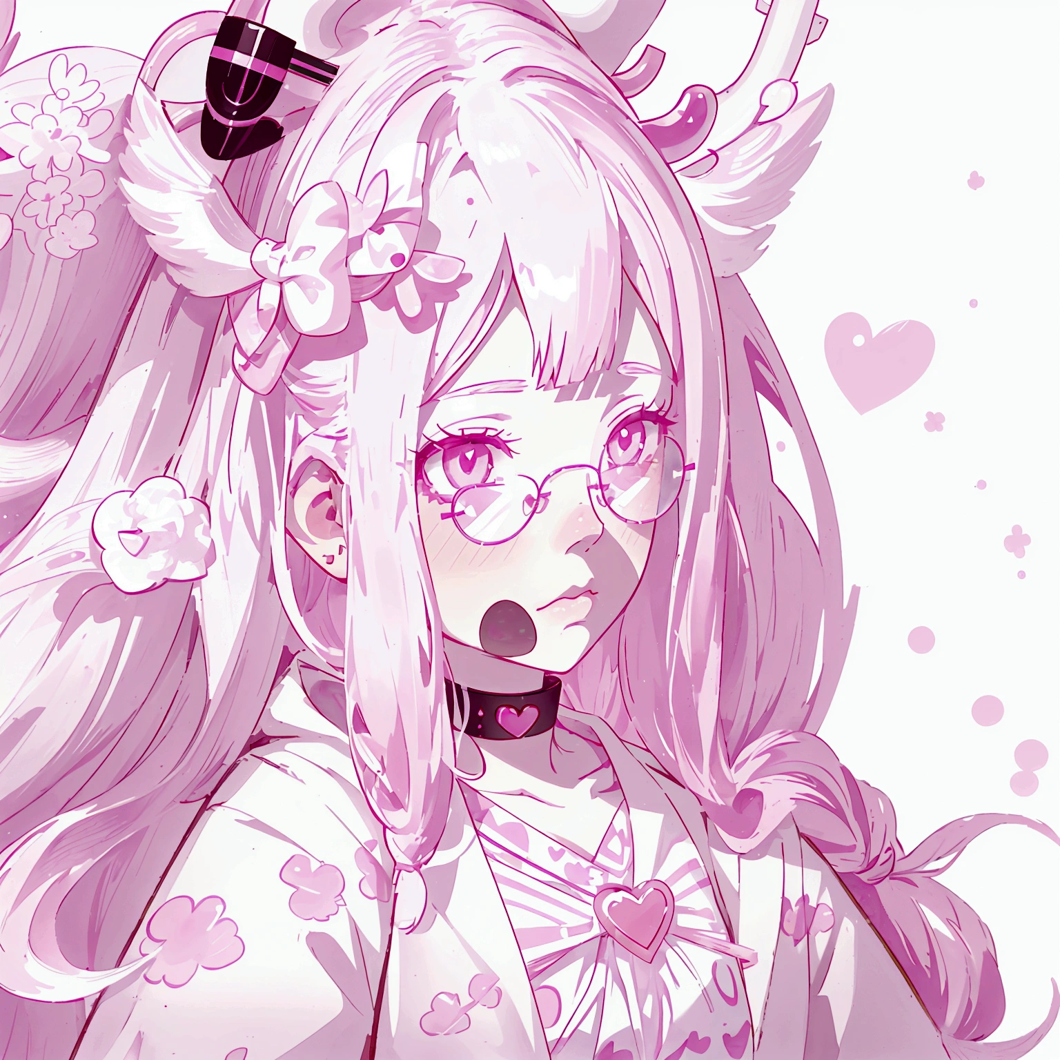 "IMVU, pink hair, pink heart eyes, white round glasses, pale skin, white and pink cow ears, white horns with pink bows, fuzzy white jacket with pink spots, pink cowbell choker, kawaii, soft, high quality, masterpiece, 8k"