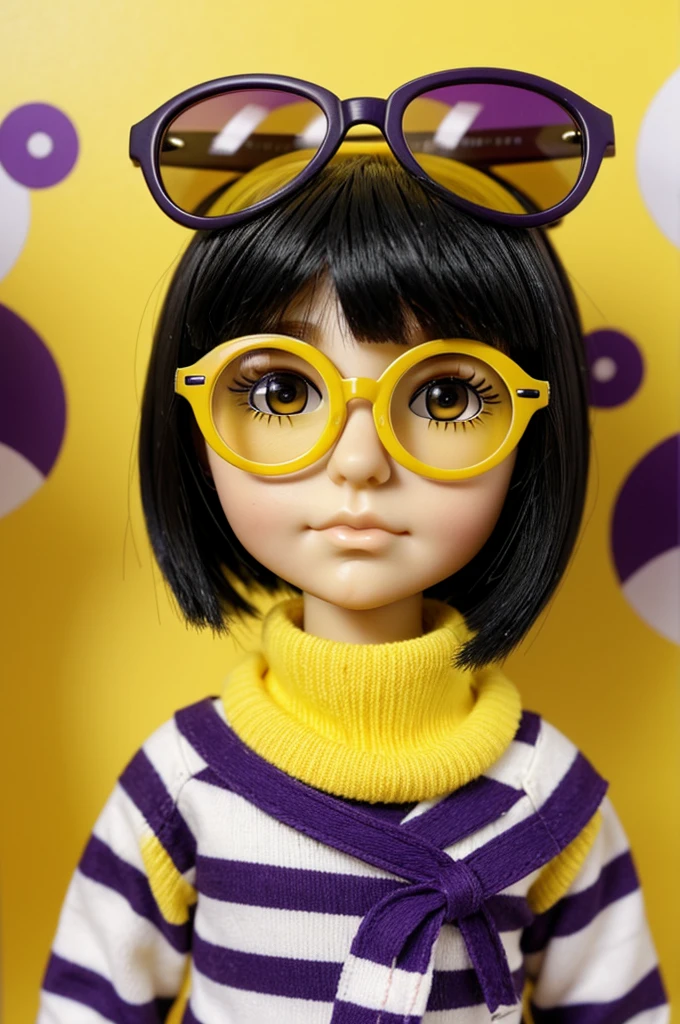 blythe doll with short black hair with yellow stripes and round purple glasses 