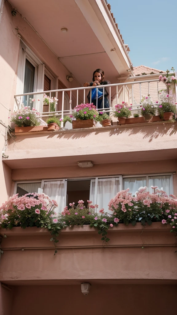 photo of pink flowers, behind the flowers a balcony during the day