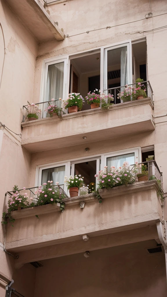 photo of pink flowers, behind the flowers a balcony during the day