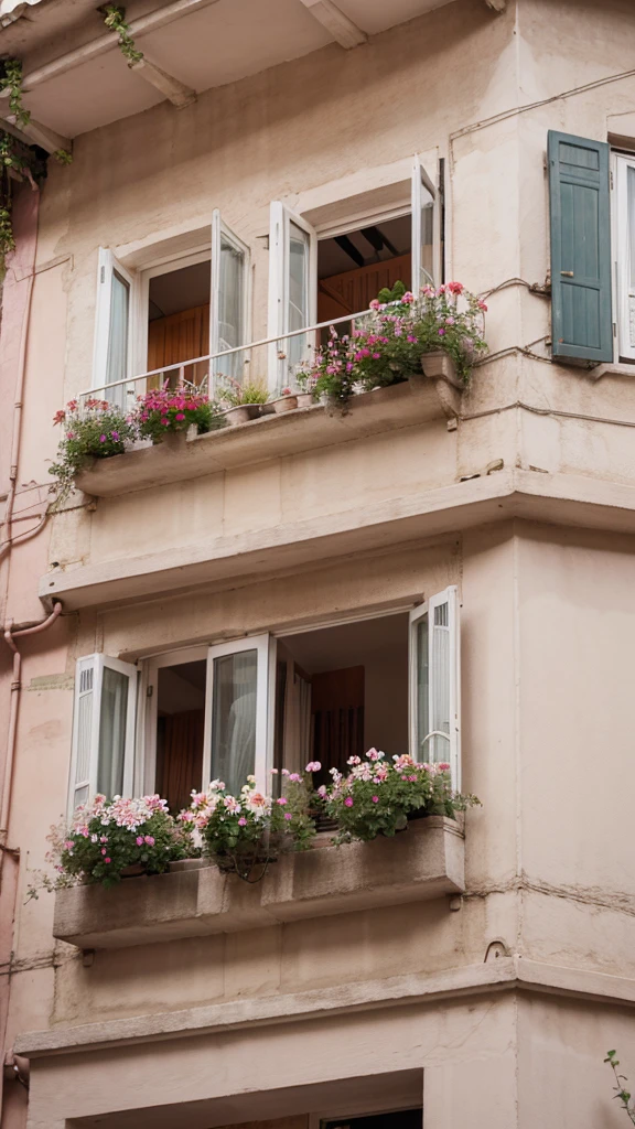 photo of pink flowers, behind the flowers a balcony during the day