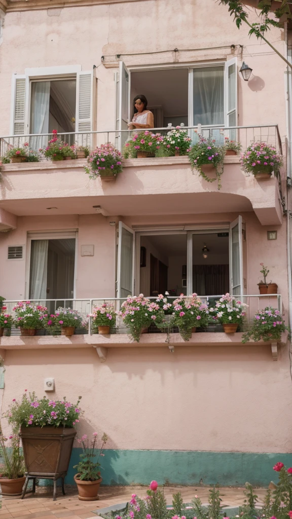photo of pink flowers, behind the flowers a balcony during the day