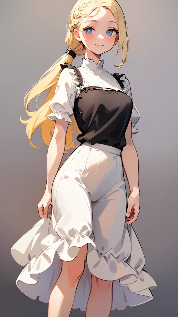 (masterpiece), ((Highest quality)), (Very detailed), (Beautiful eyes Beautiful details Eyes, Clean and delicate face), (whole body, Standing posture), Single braided blonde ponytail, Parted bangs, amount, smile, Wearing a white short-sleeved T-shirt, Layerable black camisole long dress, pumps, Simple color background