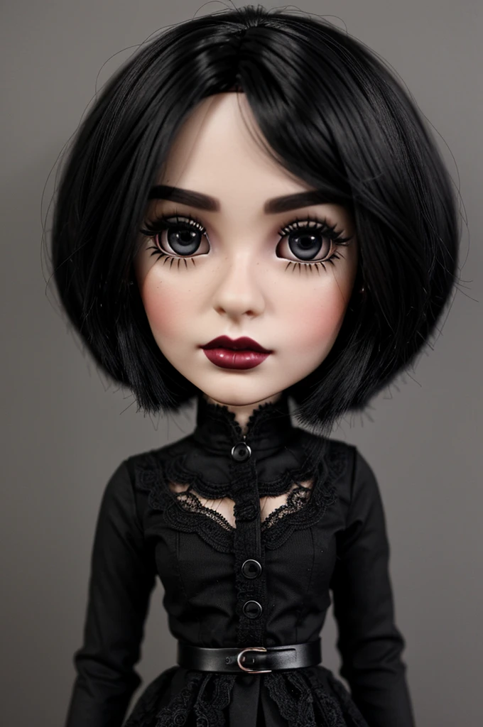 make a blythe doll with black layered black hair, black makeup and black painted lips, eyebrow and nose piercing and black clothes with lace