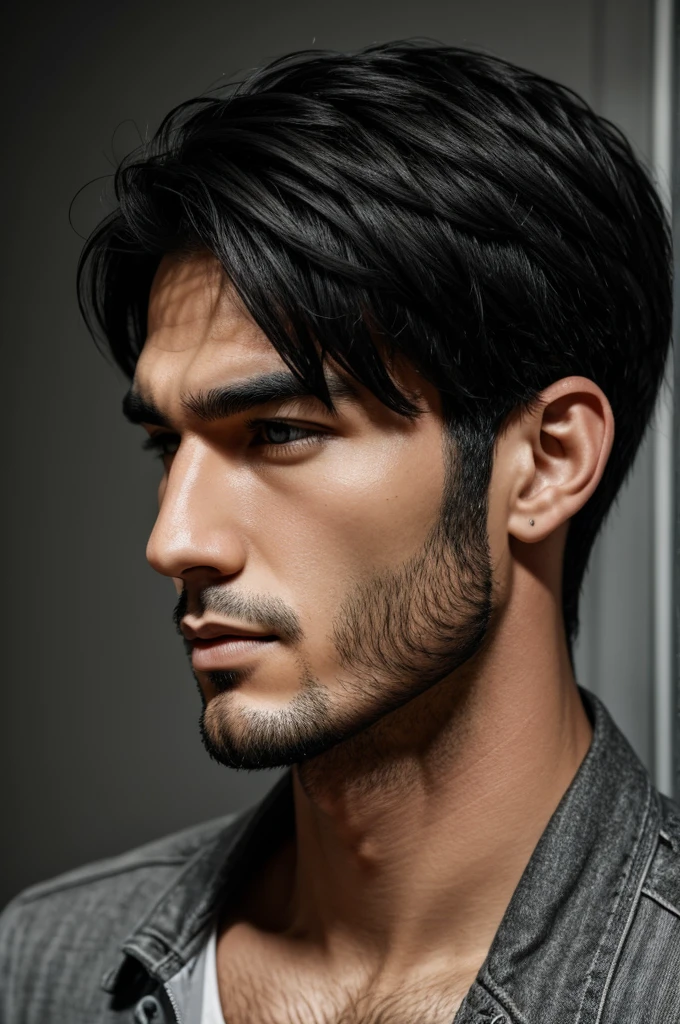 Man with gray eyes, marked jaw and black hair