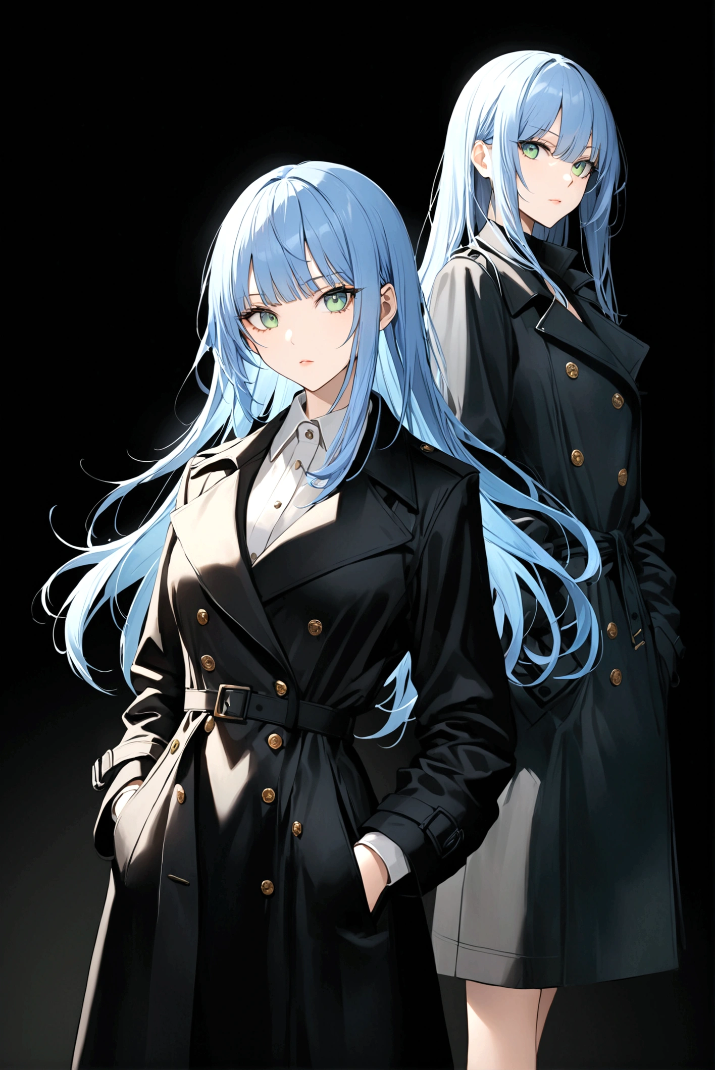 Poker face,Hands in pockets,Exquisite facial features,Blue Hair,Green Eyes,Young women,Black trench coat