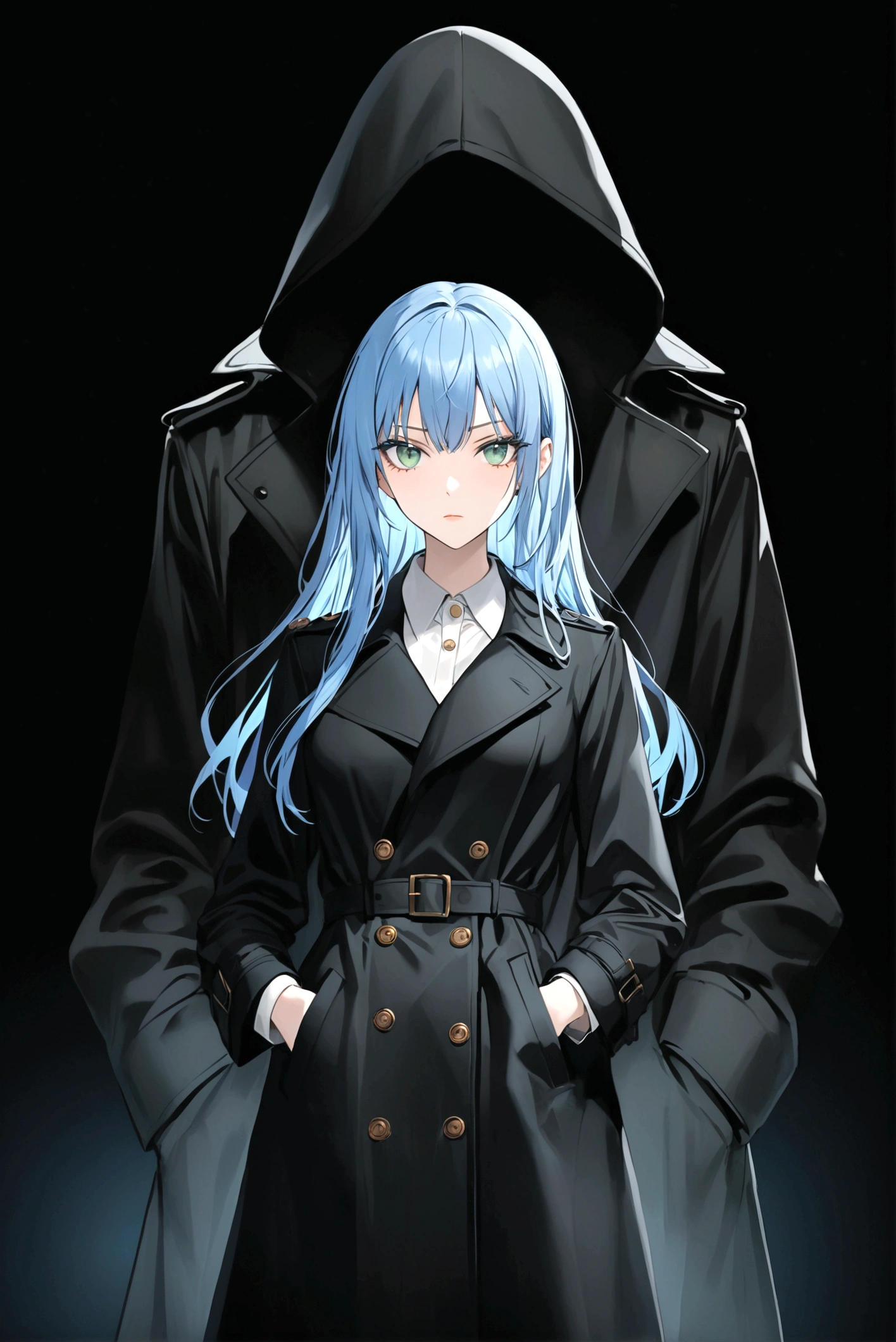 Poker face,Hands in pockets,Exquisite facial features,Blue Hair,Green Eyes,Young women,Black trench coat