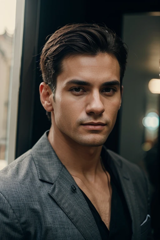 Real photo men's beauty fashion black clothing modern glamor luxury show haute couture latin man athletic stones shine