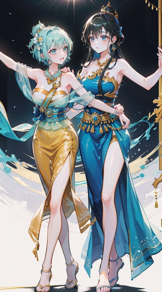 (2 young women ,beautiful woman),smile,(light green short hair),nobility,(princess),blue student,Tall figure,((Strapless Thai dress)),low skirt,(Strapless Thai dressที่ไม่ทีสาย),ta skirt,Show your legs,Barefoot,red carpet,prom website,(nobility),(big tits),(Various poses),Highest quality、Highest picture quality、Masterpiece,, ,(((Umbilical drive,dance,dance,Thai dance)))