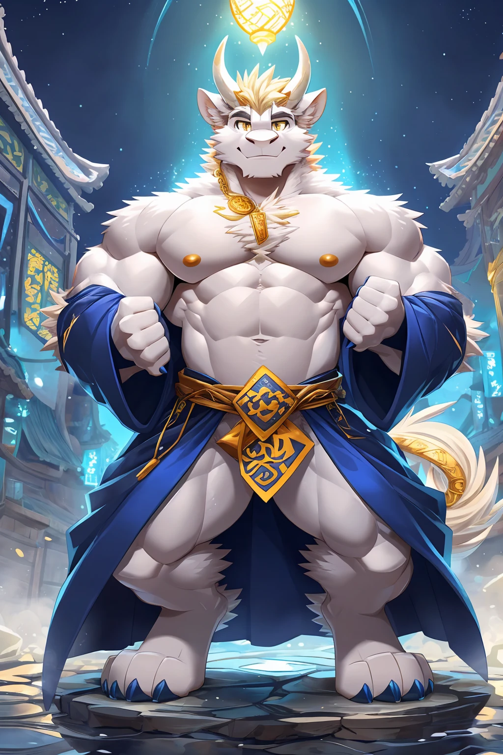 (sfw:1.5), male focus, Handsome 1boy, solitary, single,protrait photo, (Blonde thick eyebrows:1.3), (Dark blue nails, Dark blue claws:1.3), Platinum skin, White-blond hair, (White gold tail:1.4), (perfect golden eyes:1.4), (Platinum ears, White gold body:1.3), (White horn, White curved corner:1.3), (White short hair:1.2),
Kirin, feet, kirin, kirin boy, kirin body, (large eyes:1.4), (Kirin尾巴:1.4), (Chubby, The body is huge, Larger face:1.4), (Human feet:1.2), (Four toes:1.4), (Bare neck:1.4),
(Hanfu:1.5), (Dark blue robe, Dark blue robe, Short-sleeved robe, Short-sleeved robe:1.3), (Gold strap:1.3), (A golden jade pendant hangs around the waist:1.3), (Golden robe texture:1.3), (sparkling, Golden:1.2),
(full body:1.3), ( men:1.4), (Strong body, muscle,Strong male, muscle男:1.4), (Chest muscles:1.4), (Thick arms, Strong and strong legs, Strong legs:1.4), (look up, Standing:1.3), (Looking at the audience, Focus, Eyes gaze:1.2), (Smile:1.3),
full background, ground, Blue sky, White Cloud, daytime, Mountain, Ancient buildings,
Mysterious and romantic atmosphere, Caustic lines(refraction, polarization)Perfect anatomical structure, absurd, Detailed background, (Delicate eyes:1.3),Printing style。((artist:Takemoto Arashi))