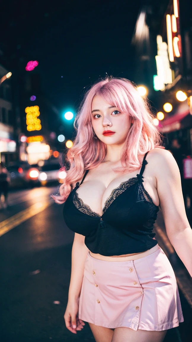 1 Girl, Beautiful, Baby Face, 20 Years Old, White Skin, Saggy Colossal Breasts, Sexy Pose, Wearing Lingerie Dress, (Golden Lingerie Outfit), ((Fishnett Skirt)), Blue Eye, Muscles, Bokeh, ((night:1.3)), ((dark:1.3)), Street Crowd Background, Masterpiece, Dizzy, Foggy, ((Pink Hair)), Twintails, Pink Coloured