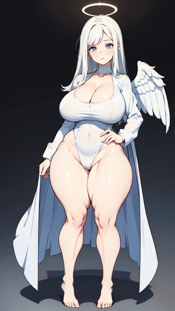 blank background, ((full body framing)), standing, (masterpiece), (best quality), huge girl, (muscular girl:0.8), (wide hips:1.5), (thin hair:1.7), massive breast, ((long legs:1.6)), big cleavage, cute:1.8, adorable:1.8, angel girl, (white wings), halo,solo, 1girl, ((thick thighs:1.4)), ((flying in air)), (one leg bent), white robe with long sleeves, barefeet