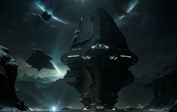 (( An illuminated spaceship in focus in the image )), is observing from afar a giant hostile and stormy planet in the infinite universe
