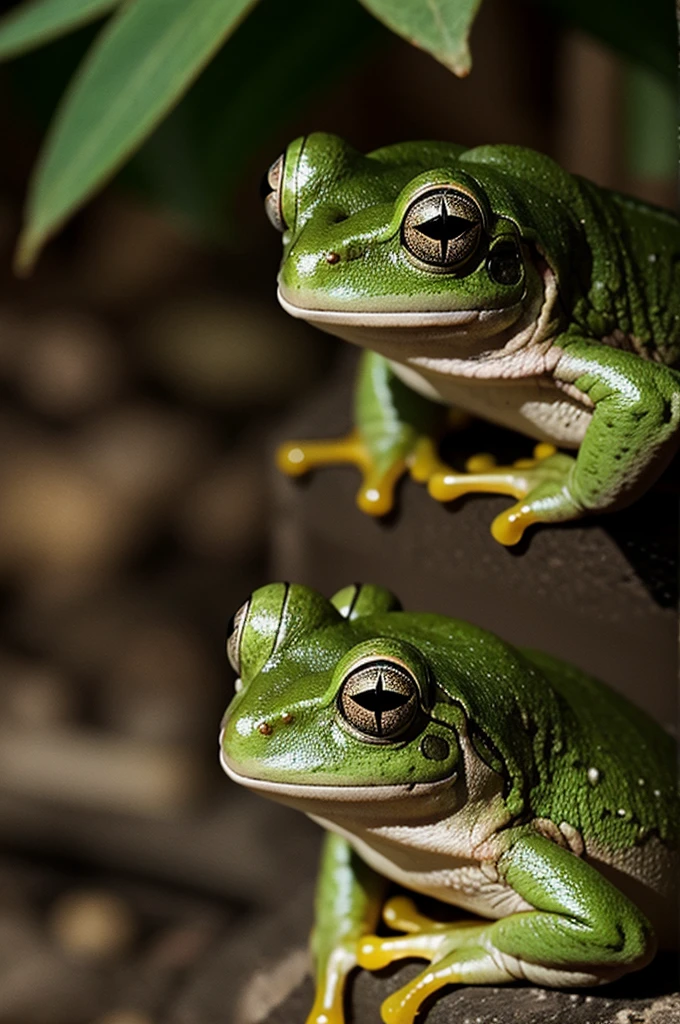 A green frog with cat eyes