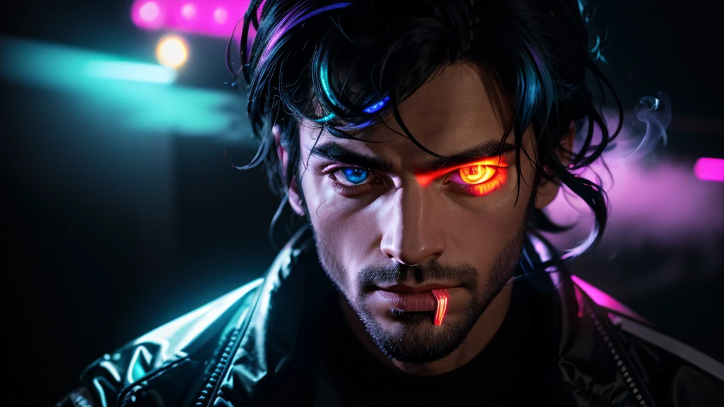 long shot, man on the stage of lights, cyberpunk, neon lights, 4k, realism, high definition, lots of neon colors smoke, High resolution, Vibrant, High contrast, HDR, extremely detailed, ultra sharp, sharp focus, realism, high detail, hyper realistic, the photo realistic, (iridescent glow smoke), UHD, 32K, very bold neon colors, black light