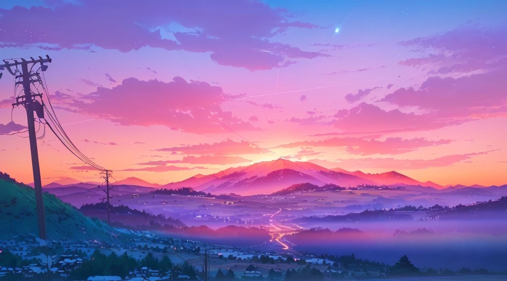 animated landscape with a sunset and a power line, animated landscape wallpaper, animated landscape, anime art wallpaper 4k, anime art wallpaper 4k, anime art wallpaper 8K, beautiful animated landscape, Beautiful anime scene, Anime Beautiful Peace Scene, anime countryside landscape, beautiful art uhd 4k, animated background art, animated landscape, colorful sky, 4k anime wallpaper