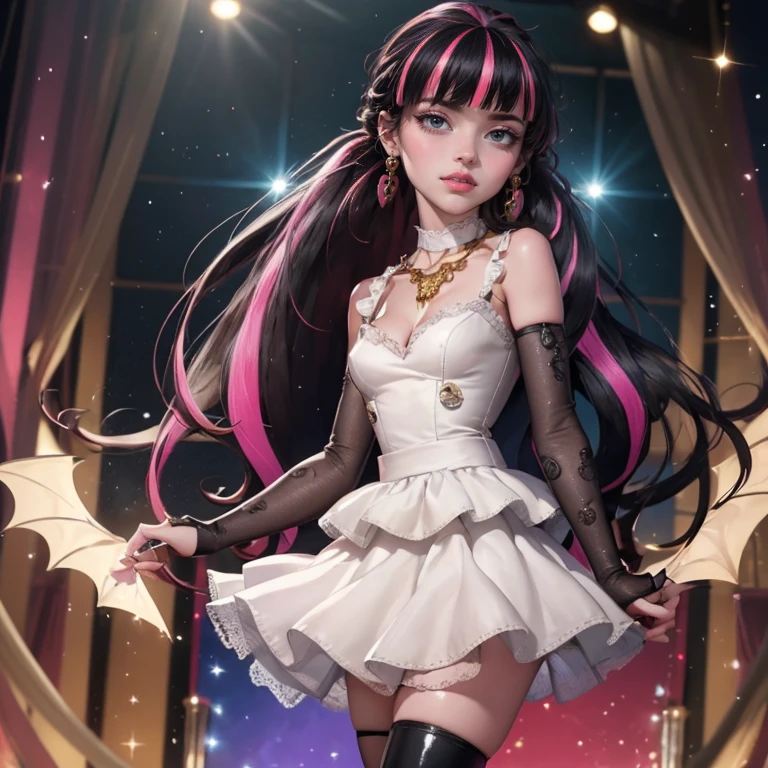 1 girl, a girl with bat wings on her back, perfectly hands, perfectly body, bat choker, necklace, centered, bat jewelry, award winning upper body portrait, cowboy shot, looking at viewer, Draculaura_MH, solo, black half hair, pink half hair, multicolored hair, long hair, pink knee boots, smile, vampire fangs, bat wings, bat jewelry, jewelry, Draculaura_(monster high), Monster High, ornament hair, long hair, 1 girl, Looking at the audience, flowing hair, Beautiful Eyes, Plump and glossy lips, Idol, dress with too many frills, black dress, gold laces, black Short skirt, Drape clothes, pink gem, Lace trim, bright stage, luxury gold details, gold jewelry, more details, best quality, Big sparkling eyes, blushing, Striped Lace Stockings, black Lolita skirt, sparkle, solo, centered girl, cowboy shot, perfectly body, perfectly hands, two arms, two legs, two hands, five fingers, perfect anatomy, glowing hair, pink roses, 1girl, dress, solo, flowing hair, floating hair, ornament hair, perfectly body, perfectly hands, on the stage, sparkles, more details on her clothes, dress with transparency, golden details on her dress, night, holding a microphone, ((4k, masterpiece, top-quality)), 8k, best quality, high resolution, UHD, (illustration:0.8), super cute girl, delicate and beautiful face, mature girl, super cute hairstyle, (beautiful detailed eyes:1.6), extremely detailed face, perfect lighting, extremely detailed CG, (perfect hands, perfect anatomy), Best quality ((4k, masterpiece, top-quality)),8k, best quality, high resolution, HD, (illustration:0.8), super cute girl, delicate and beautiful face, mature girl, super cute hairstyle, (beautiful detailed eyes:1.6), extremely detailed face, perfect lighting, extremely detailed CG, (perfect hands, perfect anatomy), Best quality, cleavage, small skirt, full Body, two arms, two legs, two hands, five fingers