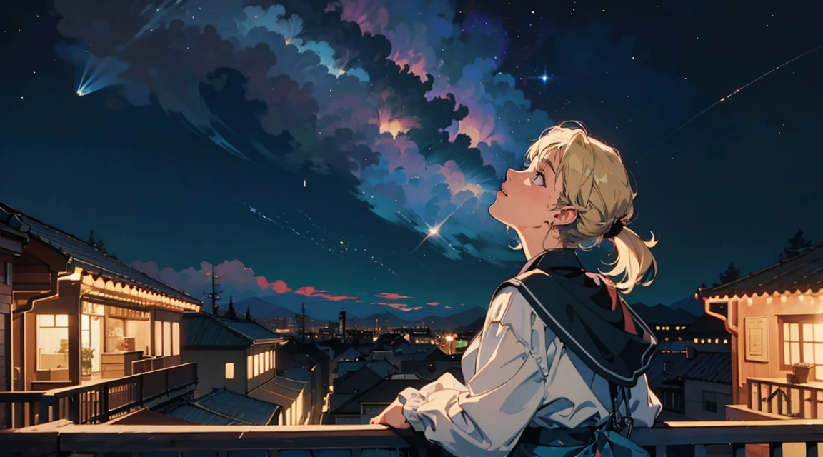 Scene looking up at the starry sky on the rooftop、Woman leaning on railing、The city&#39;s night view spreads out, Adult women, ,Perfect Face, Looking Away, (Backlight: 1.1), A scene from a movie, Soft Shadows, masterpiece, Highest quality, Complex, Model shooting style, Vintage, Film Grain, Wide Shot,