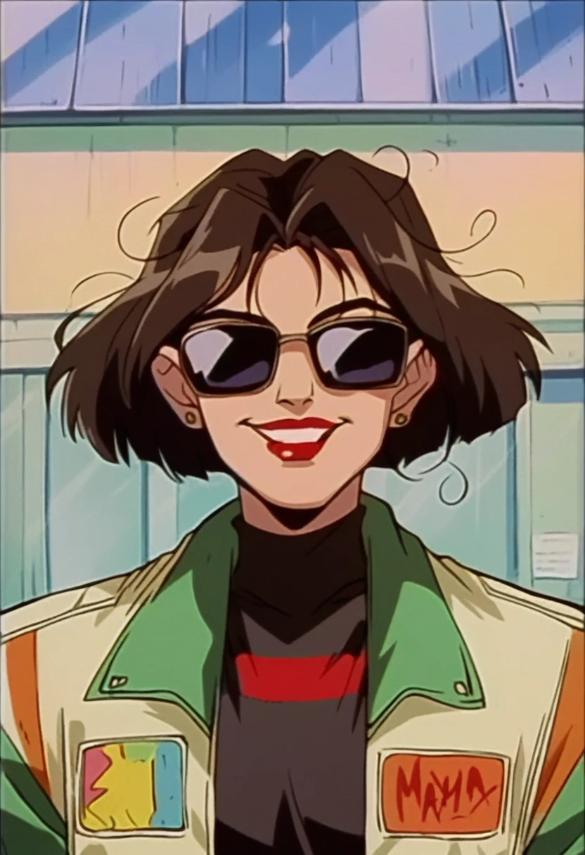 beautyfull woman, joan jett based, pointed messy hair, sunglasses, black motorcyclist jacket, naugty smile, red lipstick