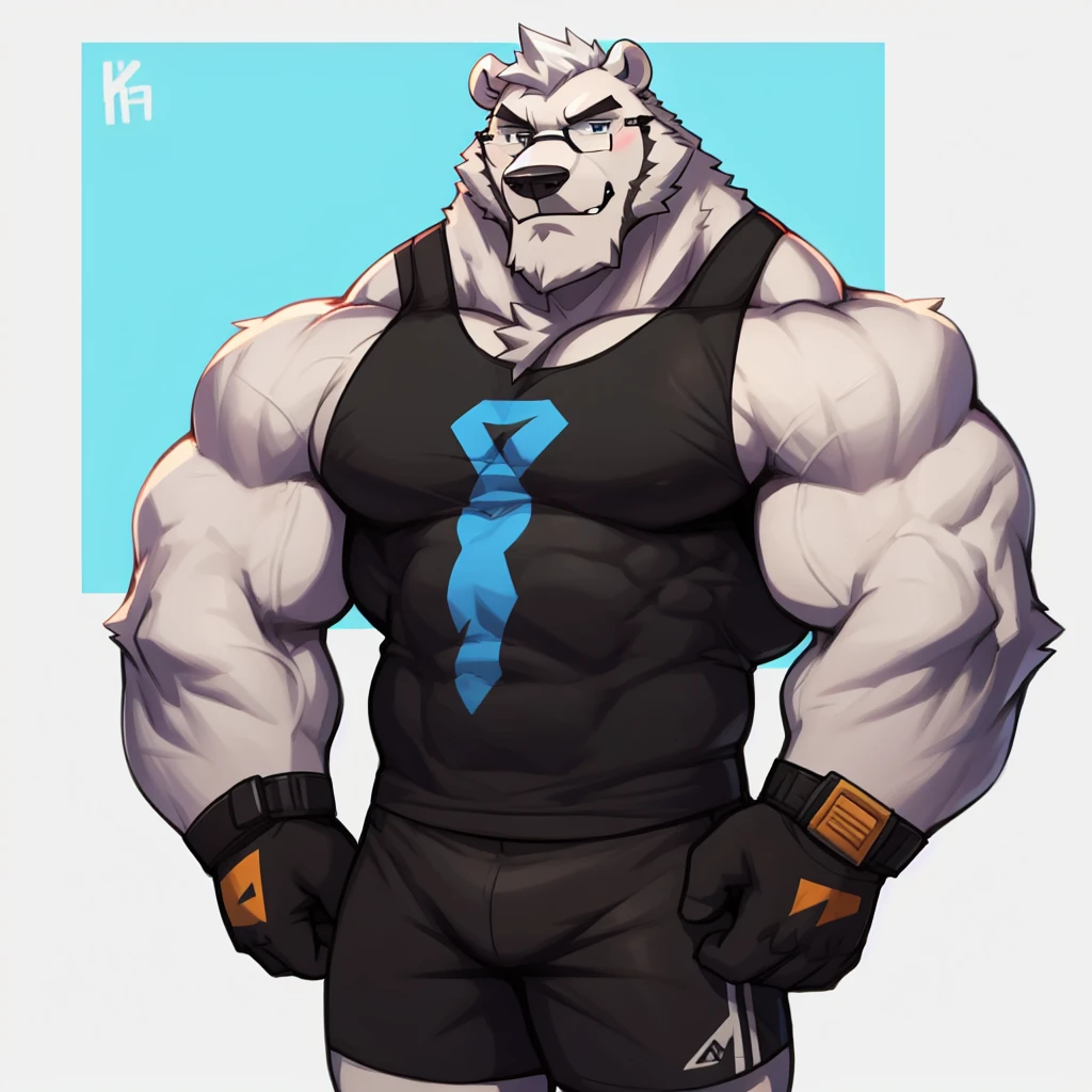 solo, 1boy, Huge Muscular White Polar Bear Dad wearing glasses, huge white fur, pectoral, huge pectoral, wide pectoral, short white hair, blue colored short pants, blue colored wristbands and blue colored tank top, white bearded, white Mustache, white fur, simple background, masterpiece, high detailed, 8k, high resolution, at the gym, poses like Hercules and Zeus