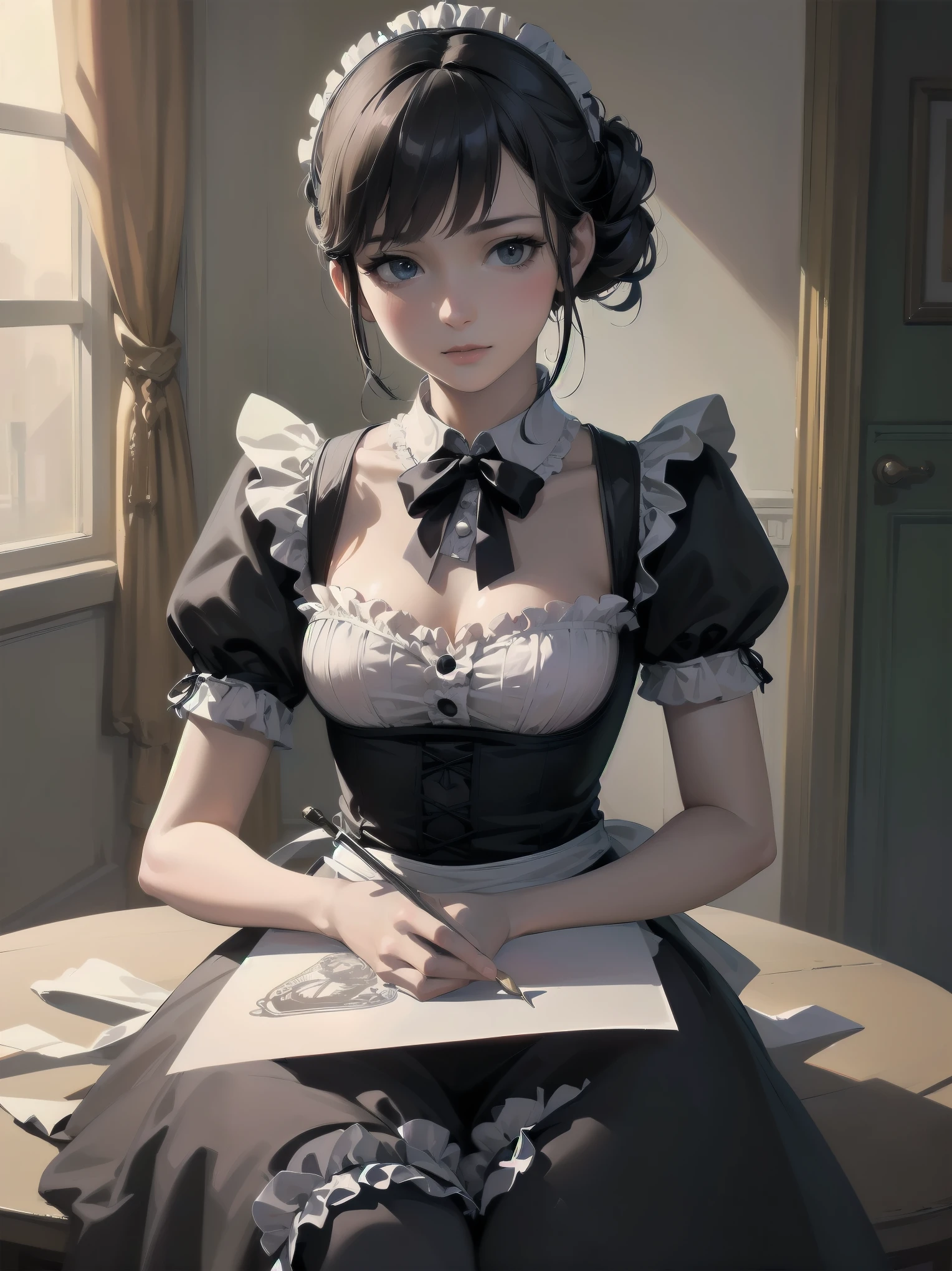 (Highest quality、16K、masterpiece、Ultra-high resolution、Victorian era、Photorealistic:1.2)、Maid Lady、solo、One person、Beautiful and detailed、202Perfectly detailed illustrations created by master anime illustrators of the 4th generation、Cool Beauty、Heroine's Attributes、Artistic shading、Perfect Face、Detailed portrait、