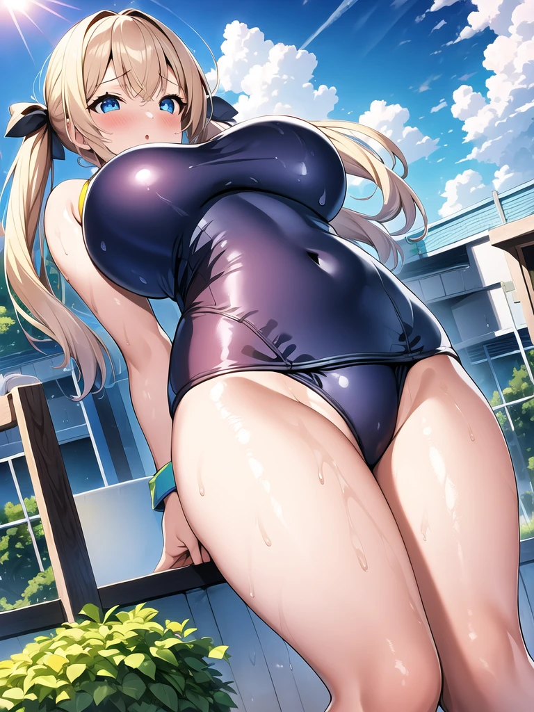 ((1 girl))),solo,((座る)),((arms behind back)),pov,((anime girl)),huge breasts, highly detailed beautiful face, beautiful face, beautiful eyes, (talented lo-fi:1.3), naked, sexy, despicable, shine, shine light, Super detailed, scenic, in the atmosphere,((masterpiece, highest quality;1.3)), Super detailed, 8k unity wallpaper, CG, ray tracing, shape, colorful, cinematic shadow, Highly detailed and beautiful background,VHD, VRay shading,RT, ((())),blue eyes, blush,((breasts focus)),blond side twintail,((((dark blue school swimsuit)))),wet,Blue sky,background a pool,sun light,outdoor,