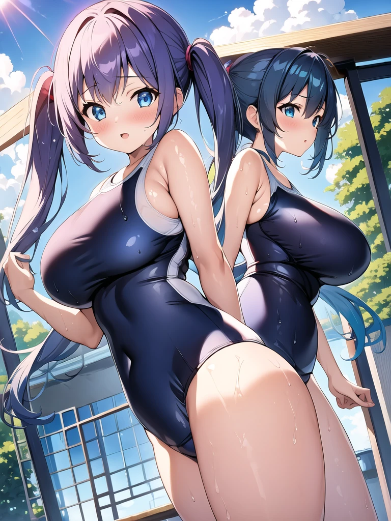 ((1 girl))),solo,((座る)),((arms behind back)),pov,((anime girl)),huge breasts, highly detailed beautiful face, beautiful face, beautiful eyes, (talented lo-fi:1.3), naked, sexy, despicable, shine, shine light, Super detailed, scenic, in the atmosphere,((masterpiece, highest quality;1.3)), Super detailed, 8k unity wallpaper, CG, ray tracing, shape, colorful, cinematic shadow, Highly detailed and beautiful background,VHD, VRay shading,RT, (((age))),blue eyes, blush,((breasts focus)),blond side twintail,((((dark blue school swimsuit)))),wet,Blue sky,background a pool,sun light,outdoor,