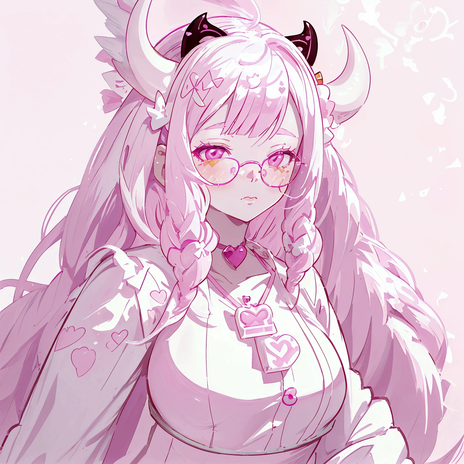 "IMVU, pink hair, pink heart eyes, white round glasses, pale skin, white and pink cow ears, white horns with pink bows, fuzzy white jacket with pink spots, pink cowbell choker, kawaii, soft, high quality, masterpiece, 8k, large breasts, showing cleavage