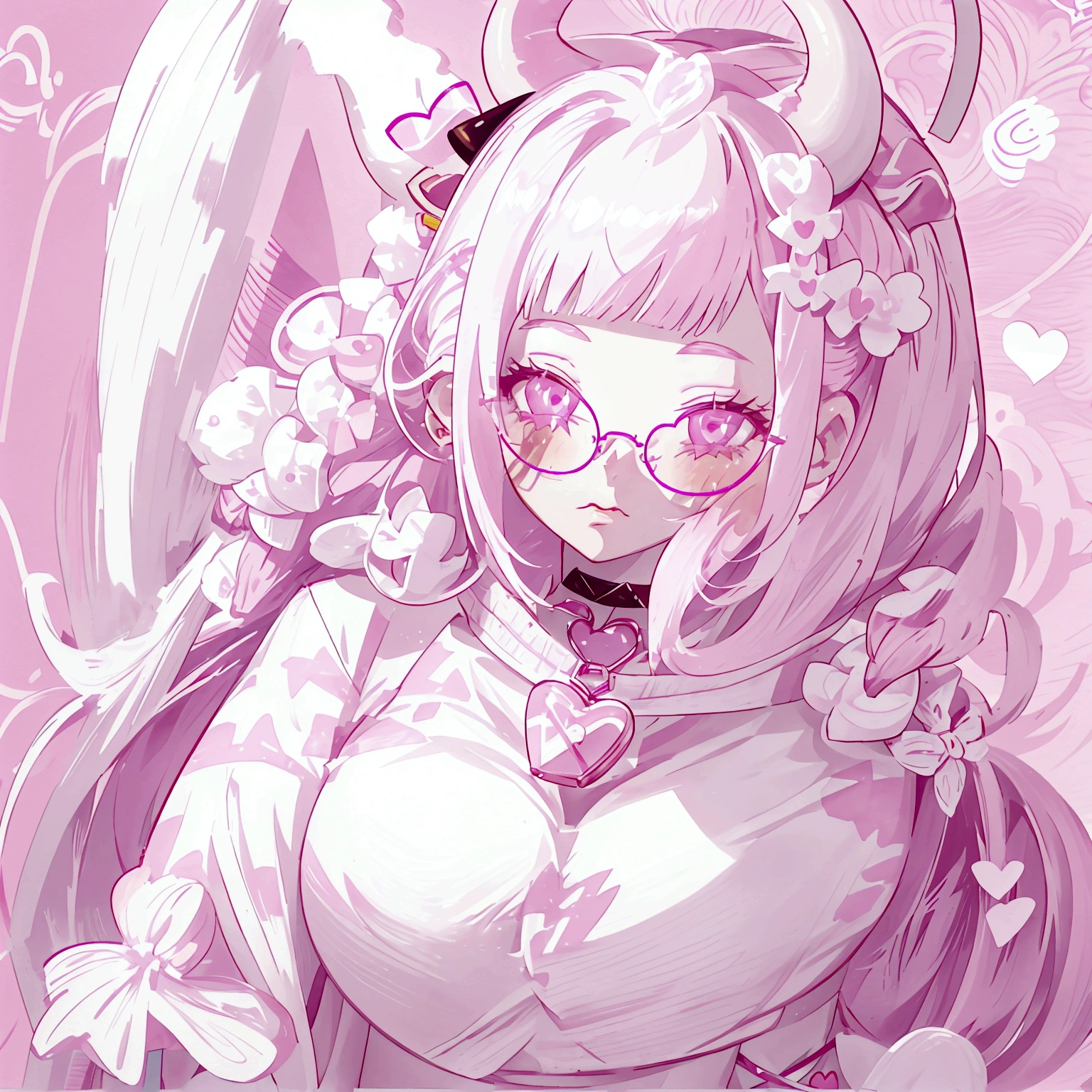 "IMVU, pink hair, pink heart eyes, white round glasses, pale skin, white and pink cow ears, white horns with pink bows, fuzzy white jacket with pink spots, pink cowbell choker, kawaii, soft, high quality, masterpiece, 8k, large breasts, showing cleavage