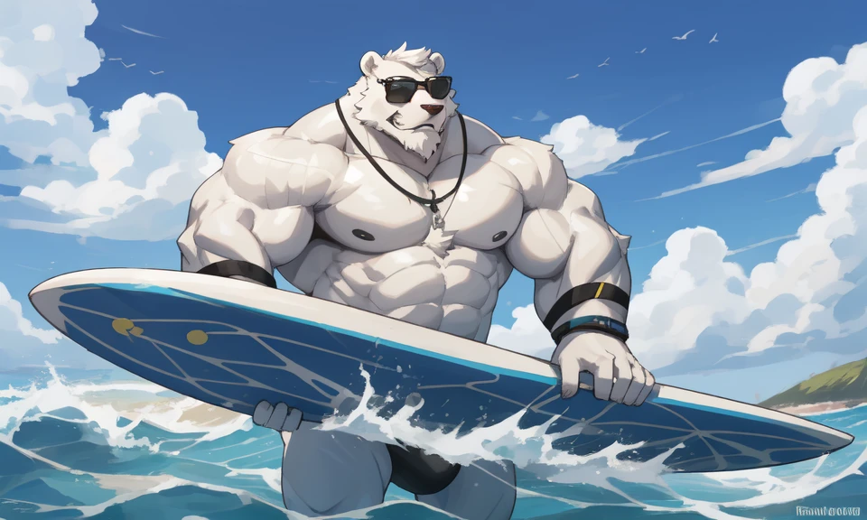 solo, 1boy, Huge Muscular White Polar Bear Dad wearing black sunglasses, huge white fur, pectoral, huge pectoral, wide pectoral, short white hair, blue-colored competitive briefs, black wristbands and shirtless topless, bearded, white Mustache, white fur, tooth necklace, professional surfer, surf board, background, masterpiece, high detailed, 8k, high resolution, at the ocean, surfing the waves, riding the surfboard, gliding on the surfboard, being totally radical, surf's up dudes