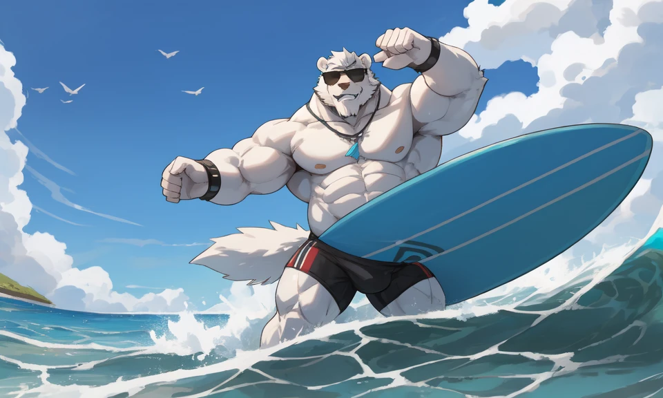 solo, 1boy, Huge Muscular White Polar Bear Dad wearing black sunglasses, huge white fur, pectoral, huge pectoral, wide pectoral, short white hair, blue-colored competitive briefs, black wristbands and shirtless topless, bearded, white Mustache, white fur, tooth necklace, professional surfer, surf board, background, masterpiece, high detailed, 8k, high resolution, at the ocean, surfing the waves, riding the surfboard, gliding on the surfboard, being totally radical, surf's up dudes