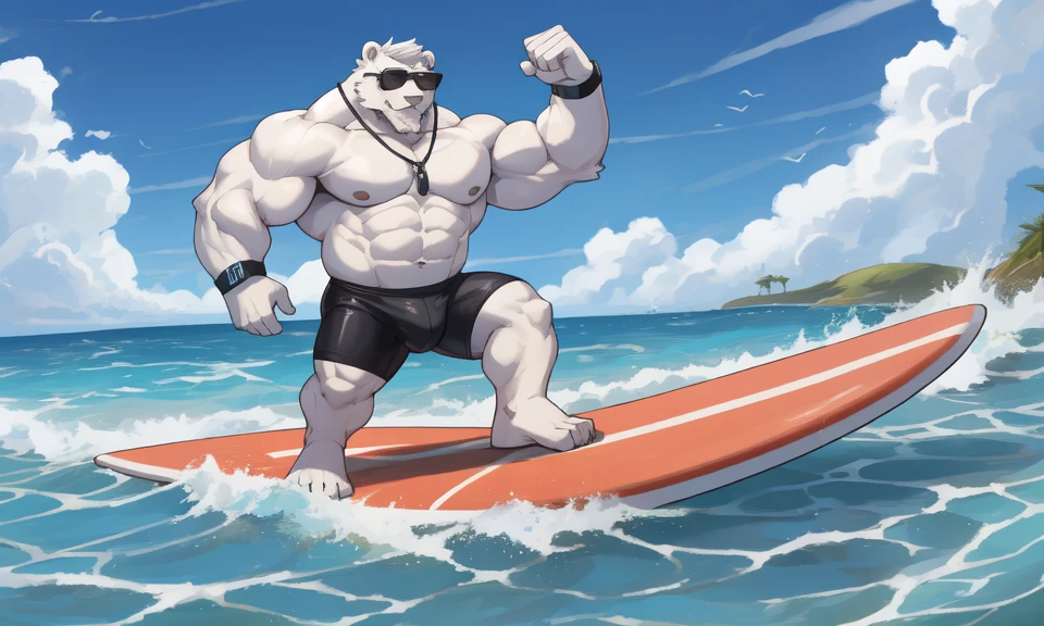 solo, 1boy, Huge Muscular White Polar Bear Dad wearing black sunglasses, huge white fur, pectoral, huge pectoral, wide pectoral, short white hair, blue-colored competitive briefs, black wristbands and shirtless , bearded, white Mustache, white fur, tooth necklace, professional surfer, surf board, background, masterpiece, high detailed, 8k, high resolution, at the ocean, surfing the waves, riding the surfboard, gliding on the surfboard, being totally radical, surf's up dudes