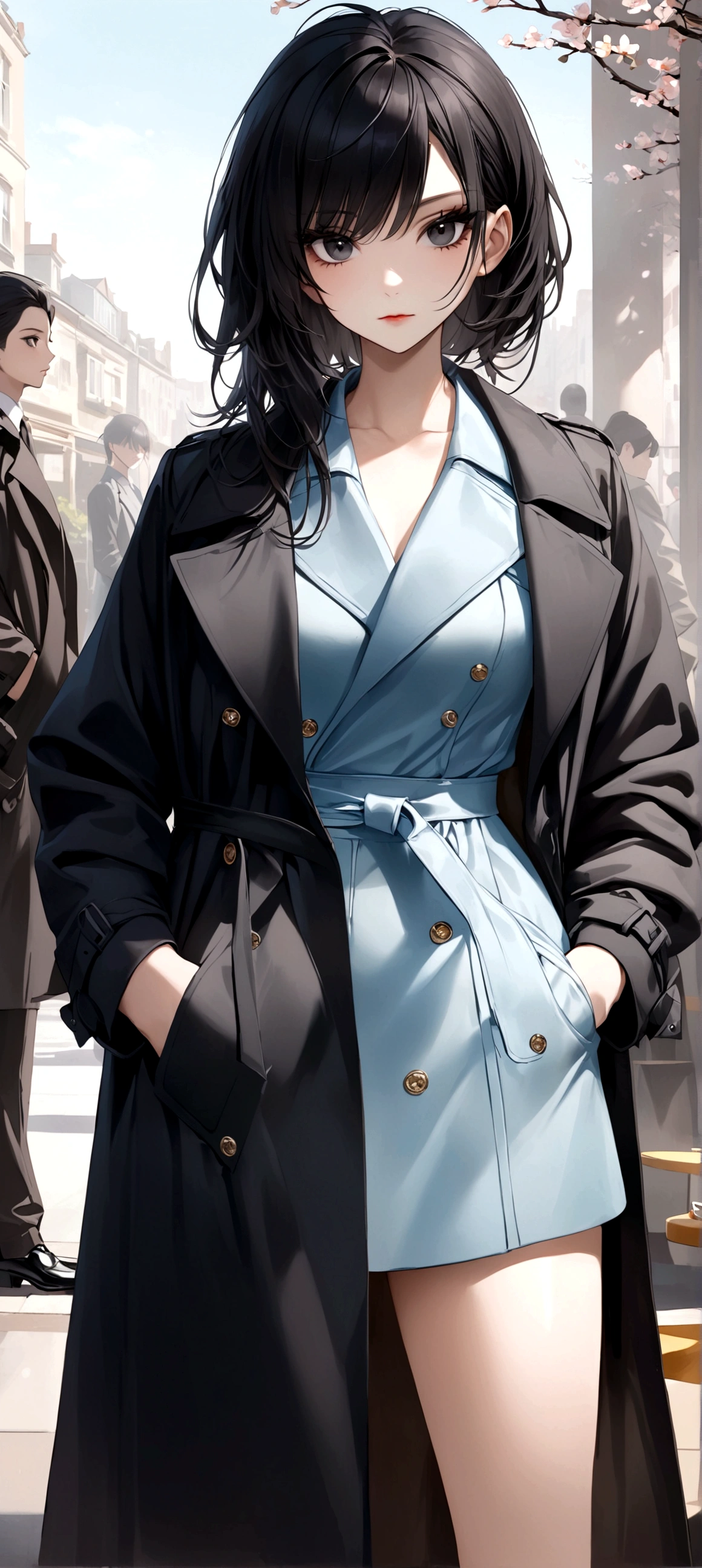 Poker face,Hands in pockets,Exquisite facial features,Black Hair，black eyes，Young women，Black trench coat