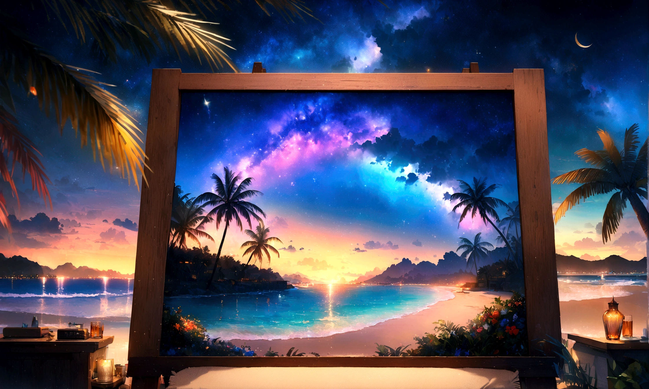 Southern Island, Starry Night, coastal, Palm tree,milky way,Blur the background,Pleasant sea breeze,Glitter effect,Highest quality, 8K, High resolution, masterpiece:1.2, Very detailed, Realistic:1.37, High resolution, 超High resolution, Ultra-fine painting, Very detailed, Professional, Vibrant colors