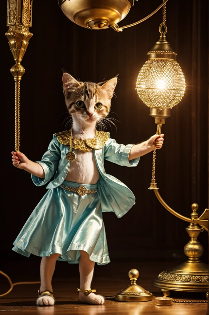 Kitten with clothes from a lamp genie, dancing on diamonds and coins