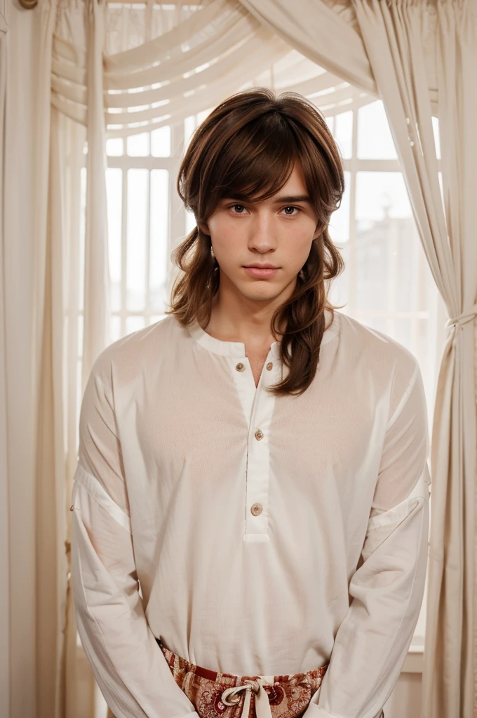 29 year old man, beautiful and handsome when seen from his different hairstyles. Optopus-style brown hair with curtain bangs covering both ears, 166cm tall, bone-white skin with a natural red blush on his cheeks.
