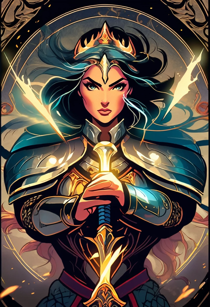 female knight, powerful aura, unleashing a slash, dynamic pose, glowing energy, intense expression, detailed armor, fantasy setting, battle scene, vibrant colors, magic, flowing hair, epic, fierce, shining sword, action, dramatic lighting, high contrast, sparks, mystical, warrior, heroic, ethereal, enchanted, strong, determined, anime style, intricate design, motion blur, radiant, fierce battle, medieval fantasy, power, dramatic, swirling energy