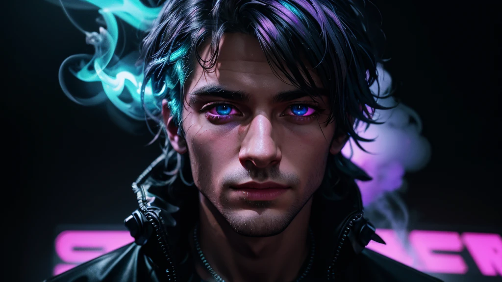long shot, man on the stage of lights, cyberpunk, neon lights, 4k, realism, high definition, lots of neon colors smoke, High resolution, Vibrant, High contrast, HDR, extremely detailed, ultra sharp, sharp focus, realism, high detail, hyper realistic, the photo realistic, (iridescent glow smoke), UHD, 32K, very bold neon colors, black light