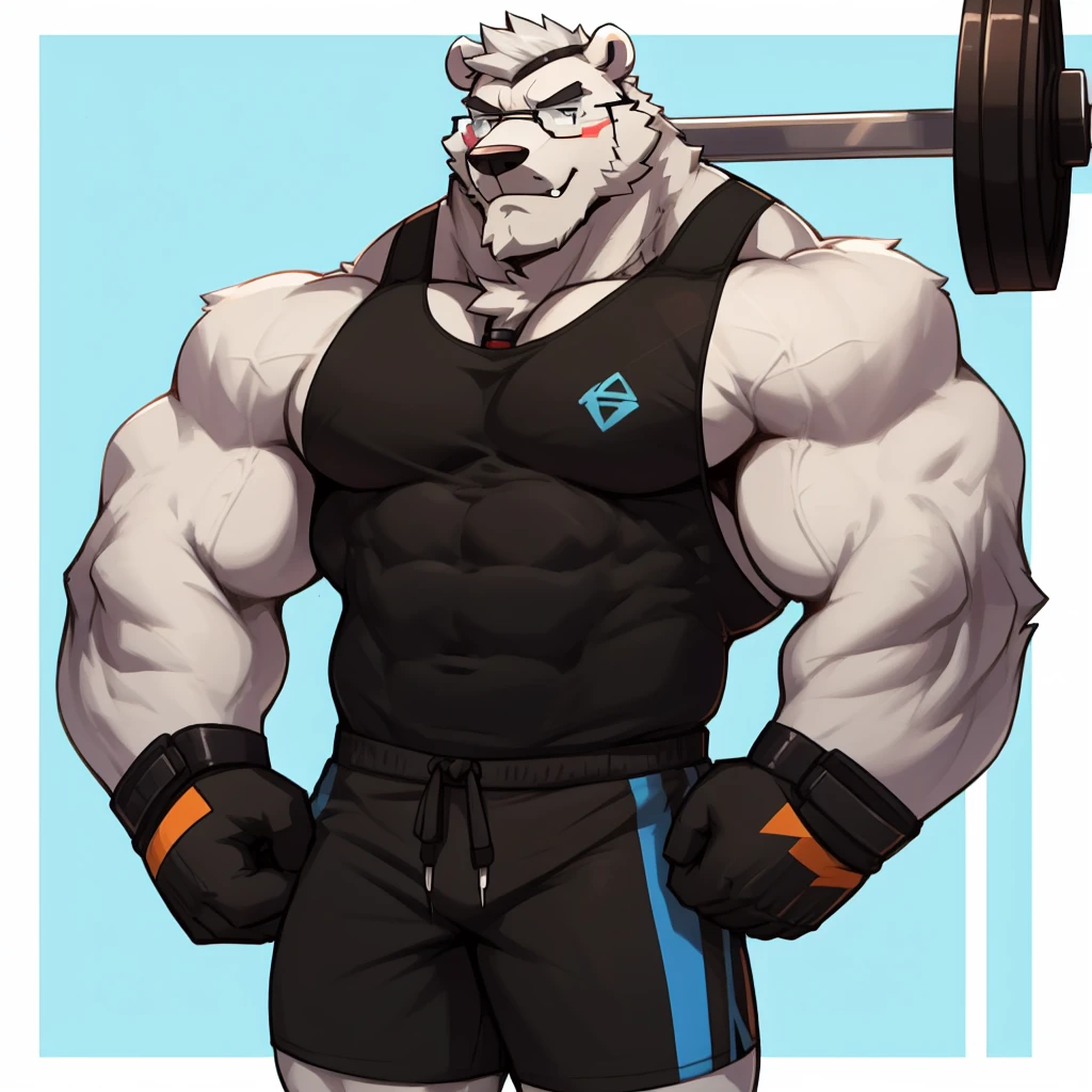 solo, 1boy, Huge Muscular White Polar Bear Dad wearing glasses, huge white fur, pectoral, huge pectoral, wide pectoral, short white hair, blue colored short pants, blue colored wristbands and blue colored tank top, white bearded, white Mustache, white fur, simple background, masterpiece, high detailed, 8k, high resolution, at the gym, poses like Hercules and Zeus