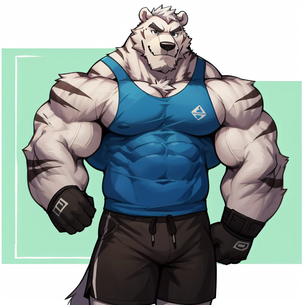 solo, 1boy, Huge Muscular White Polar Bear Dad wearing glasses, huge white fur, pectoral, huge pectoral, wide pectoral, short white hair, blue colored short pants, blue colored wristbands and blue colored tank top, white bearded, white Mustache, white fur, simple background, masterpiece, high detailed, 8k, high resolution, at the gym, poses like Hercules and Zeus