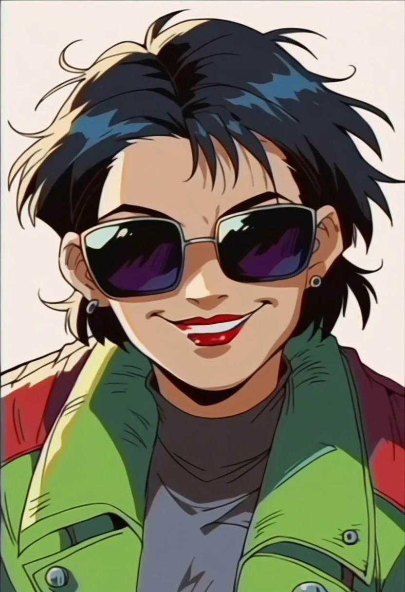 beautyfull woman, joan jett based, black punk messy hair, sunglasses, black motorcyclist jacket, naugty smile, red lipstick