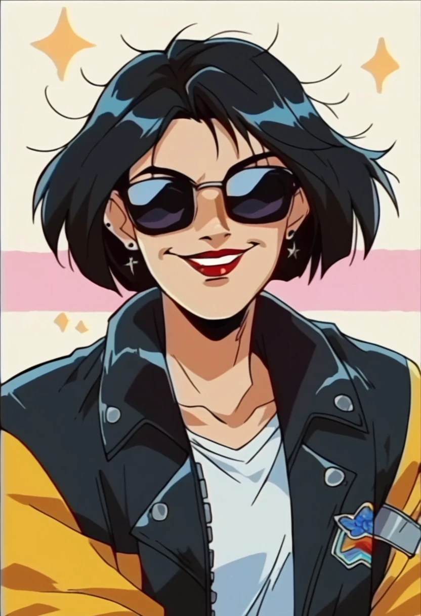 beautyfull woman, joan jett based, black punk messy hair, sunglasses, black motorcyclist jacket, naugty smile, red lipstick